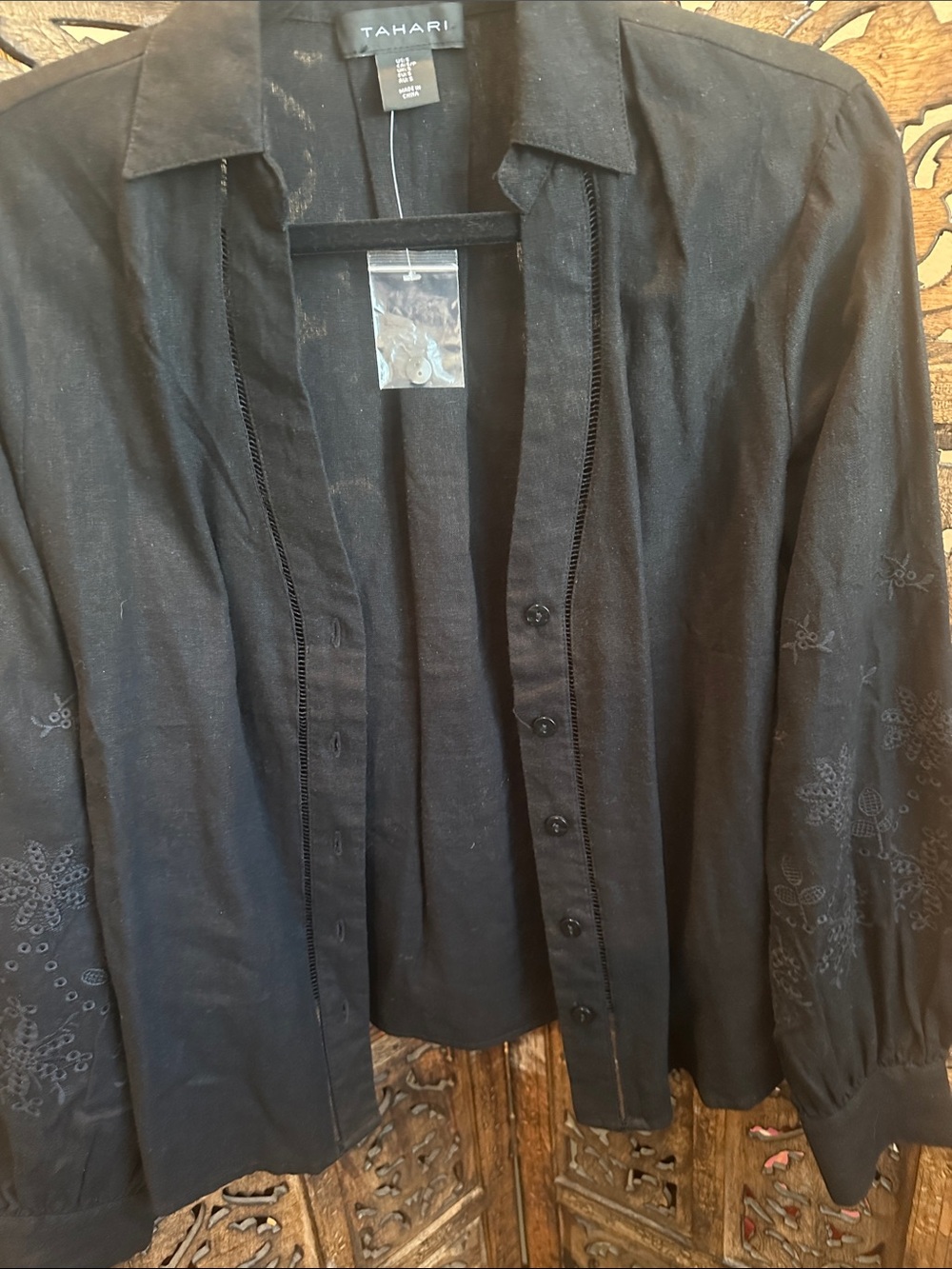 Tahari Black Embroidered Button-Front Blouse